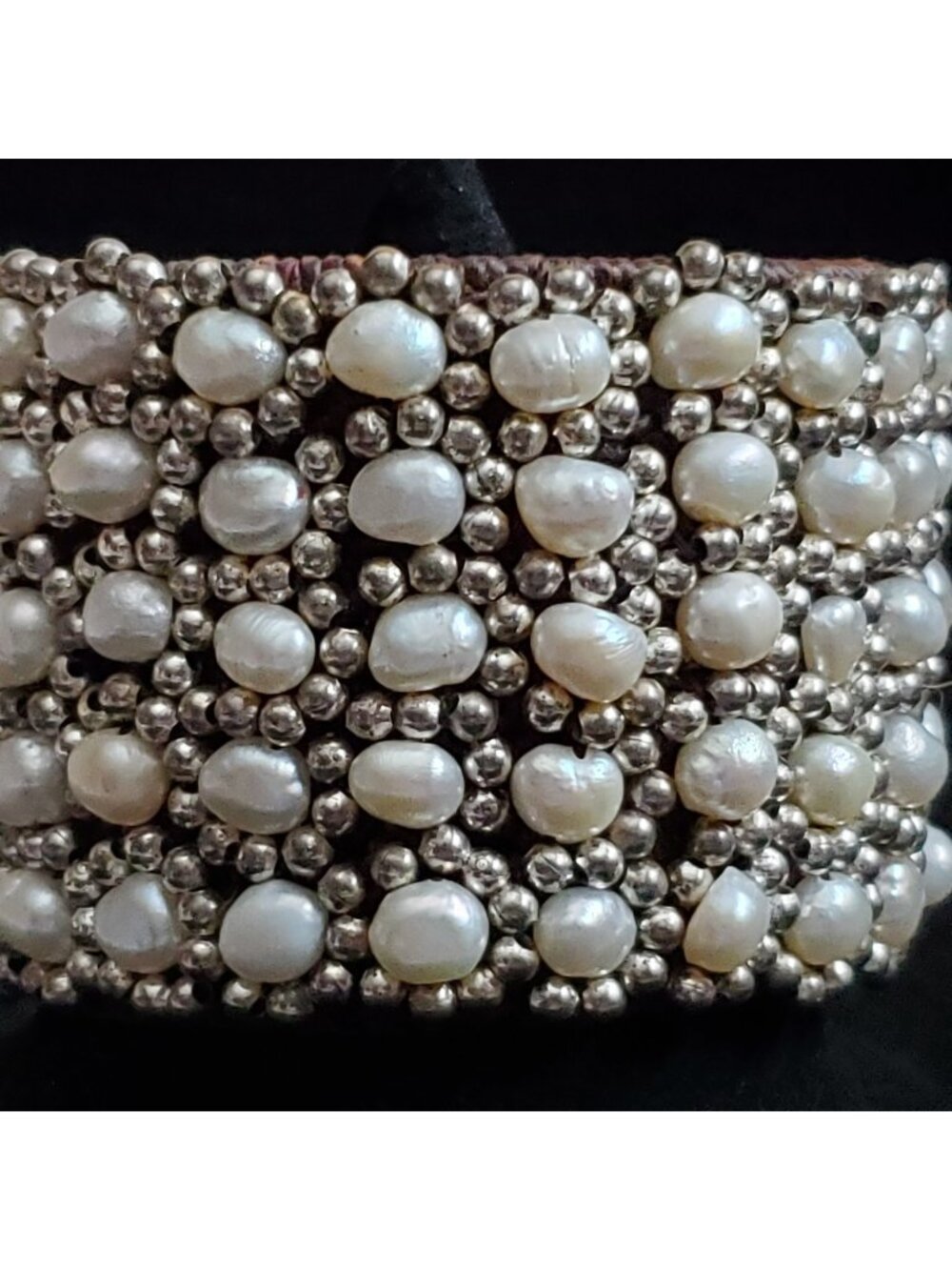 Wide Cuff Bracelet White Pearl Silver Tone Brown Crochet Artisan 7.5"